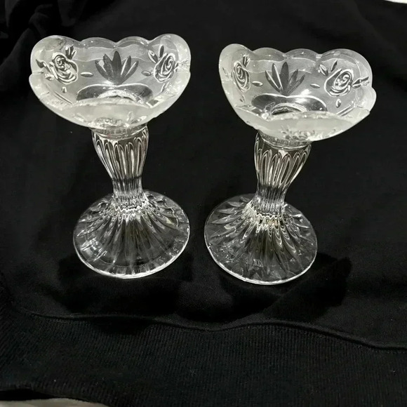 Vintage Rose Cottage Frosted Etched Glass Candlesticks Grannycore Cottagecore - Picture 2 of 13